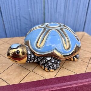 Artesania Rinconada DeRosa‎ Blue & Gold Turtle Pottery Signed Figurine Uruguay